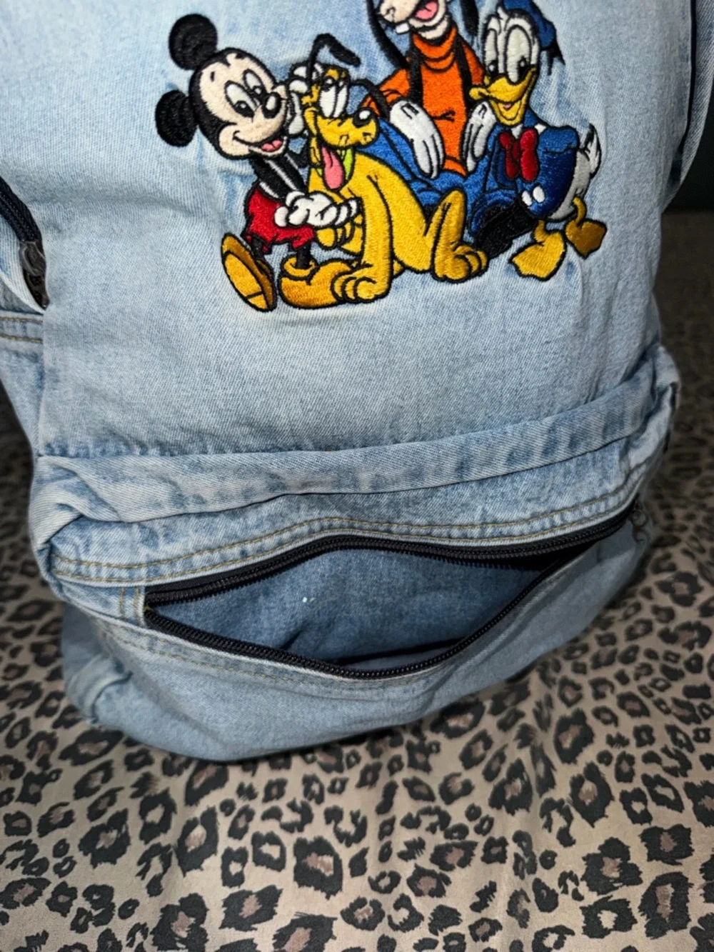 Disney Light Blue Denim Backpack with Mickey, Donald, Goofy & Pluto Patch
